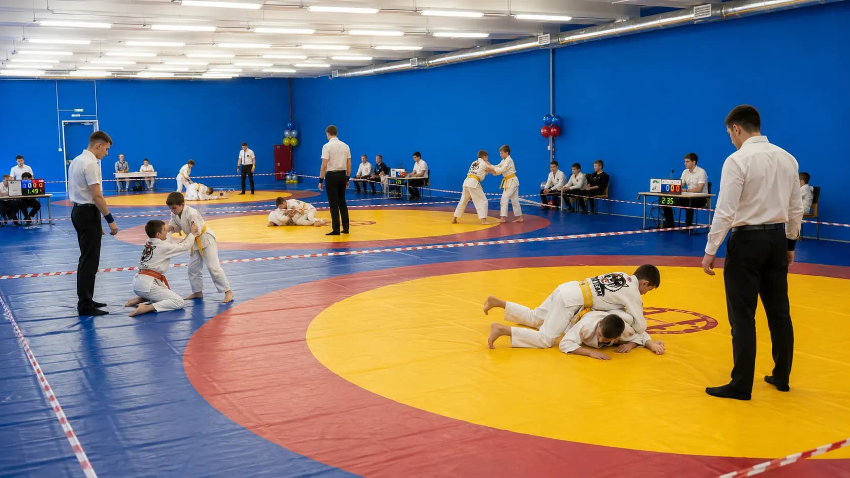 Děti zápasí na tatami během turnaje Tiger Cup